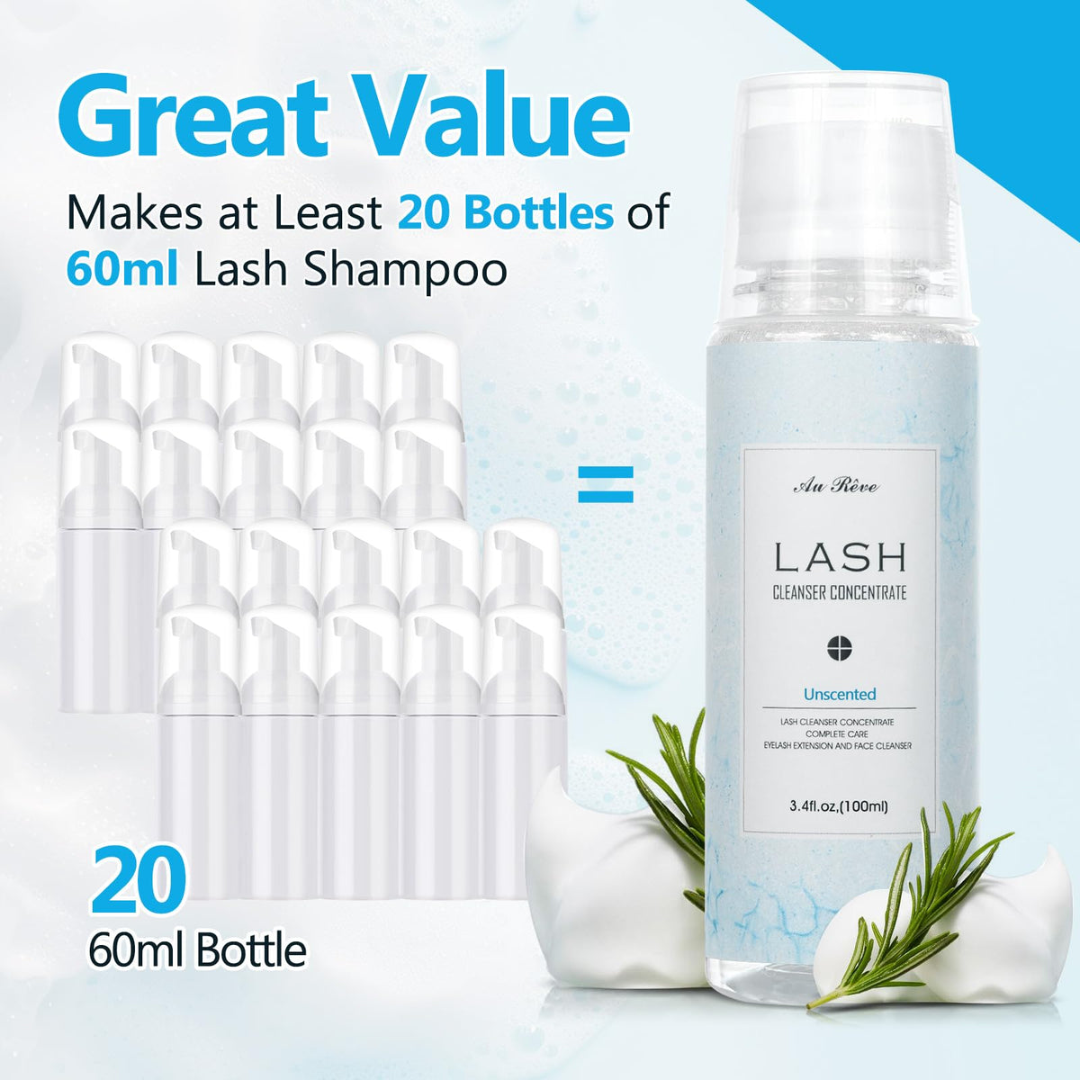 AuReve Lash Shampoo concentrate with distilled water dilution