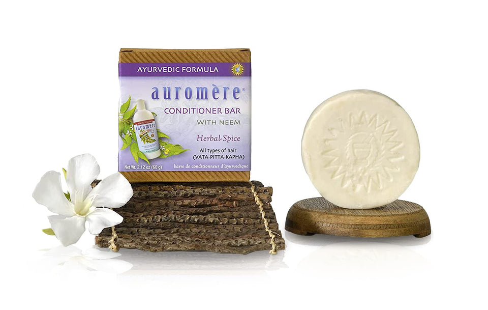 Auromere conditioner bar solid packaging shows eco-friendly zero-waste design for routine use.