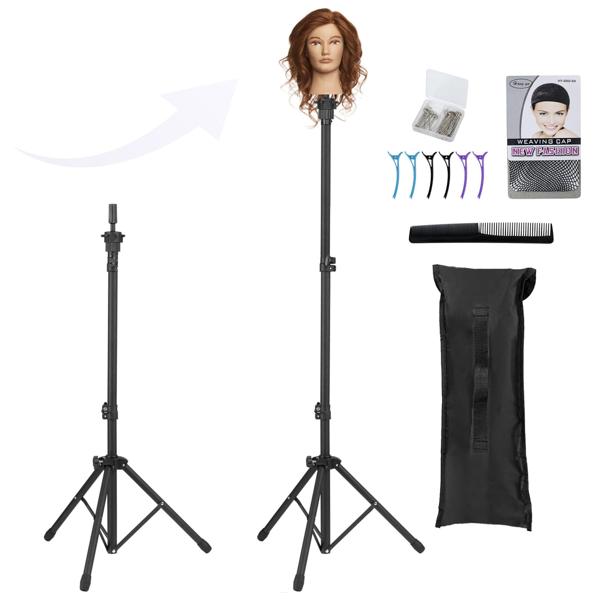 Auroras wig tripod storage solution keeps work area organized after sessions.