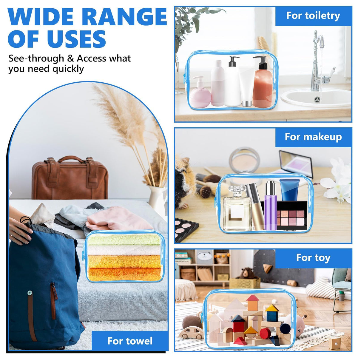 AURUZA clear makeup bag on a tray with toiletries for easy packing.