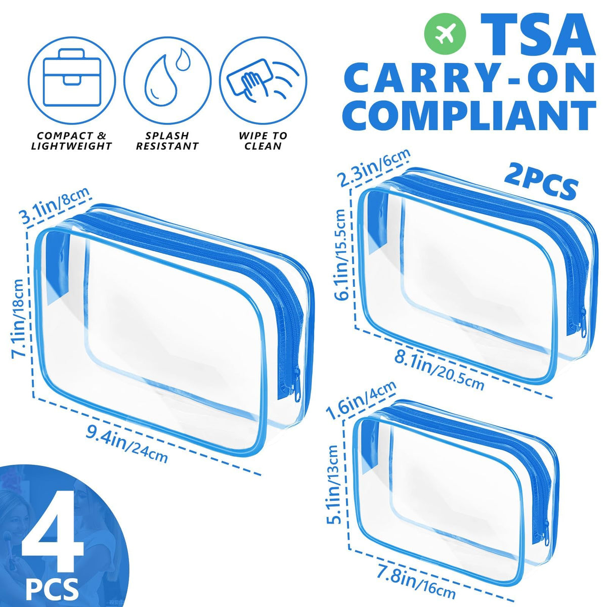 AURUZA clear makeup bag zipper detail shows durable blue PVC for travel.
