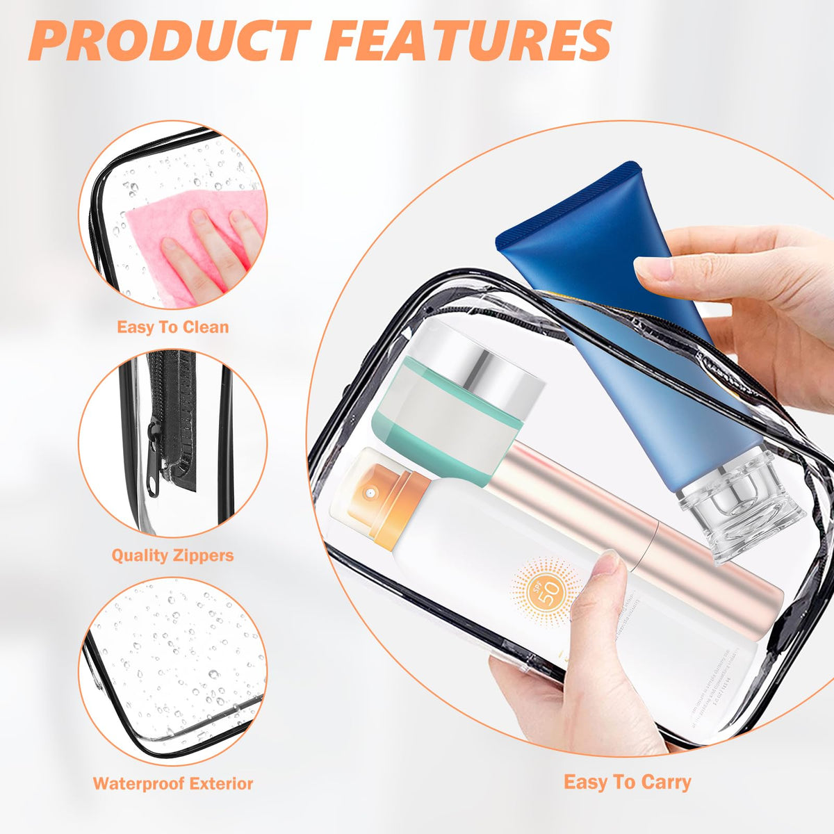 AURUZA Clear Pouch with Smooth Zipper for leakage prevention and clean transport.
