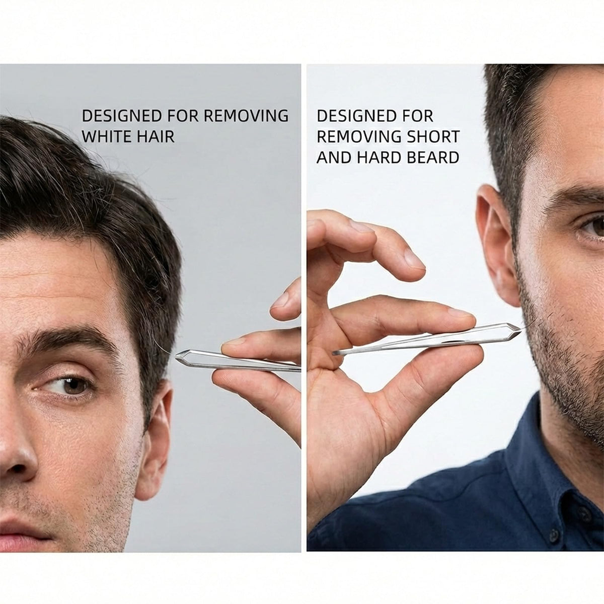 AUSOMTEK beard tweezers showing angled design for easy reach.
