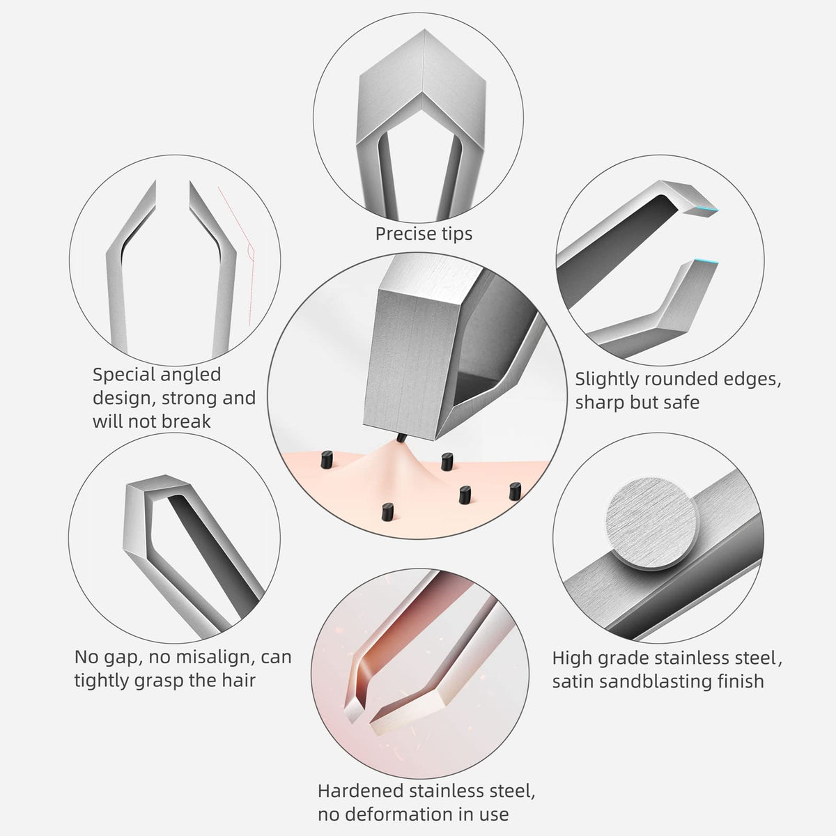 AUSOMTEK beard tweezers with rounded edges to prevent nicks.