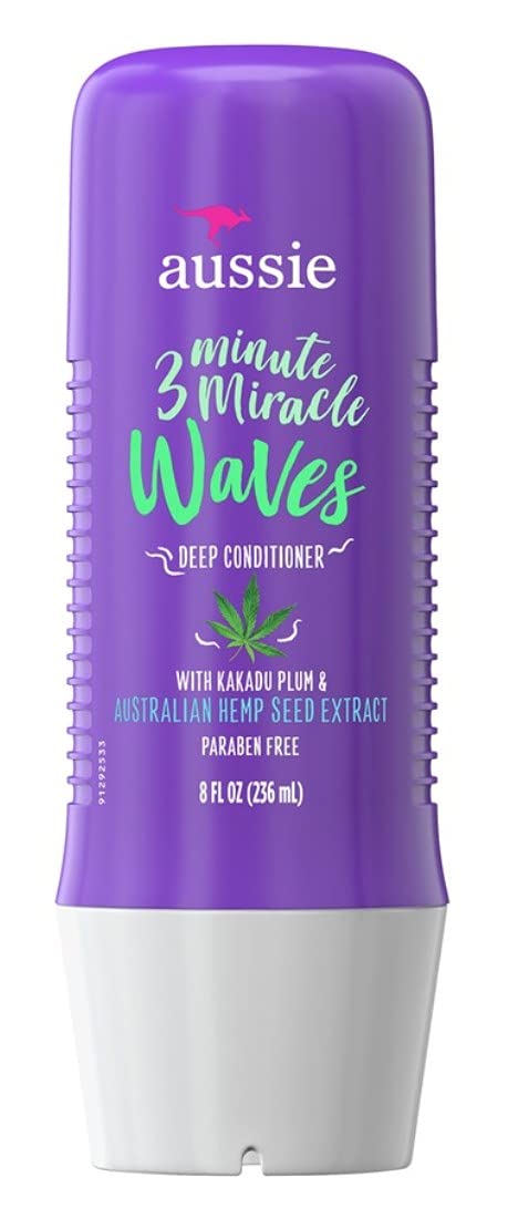 Aussie 3 Minute Miracle Waves bottle shows deep conditioning for soft, manageable waves.
