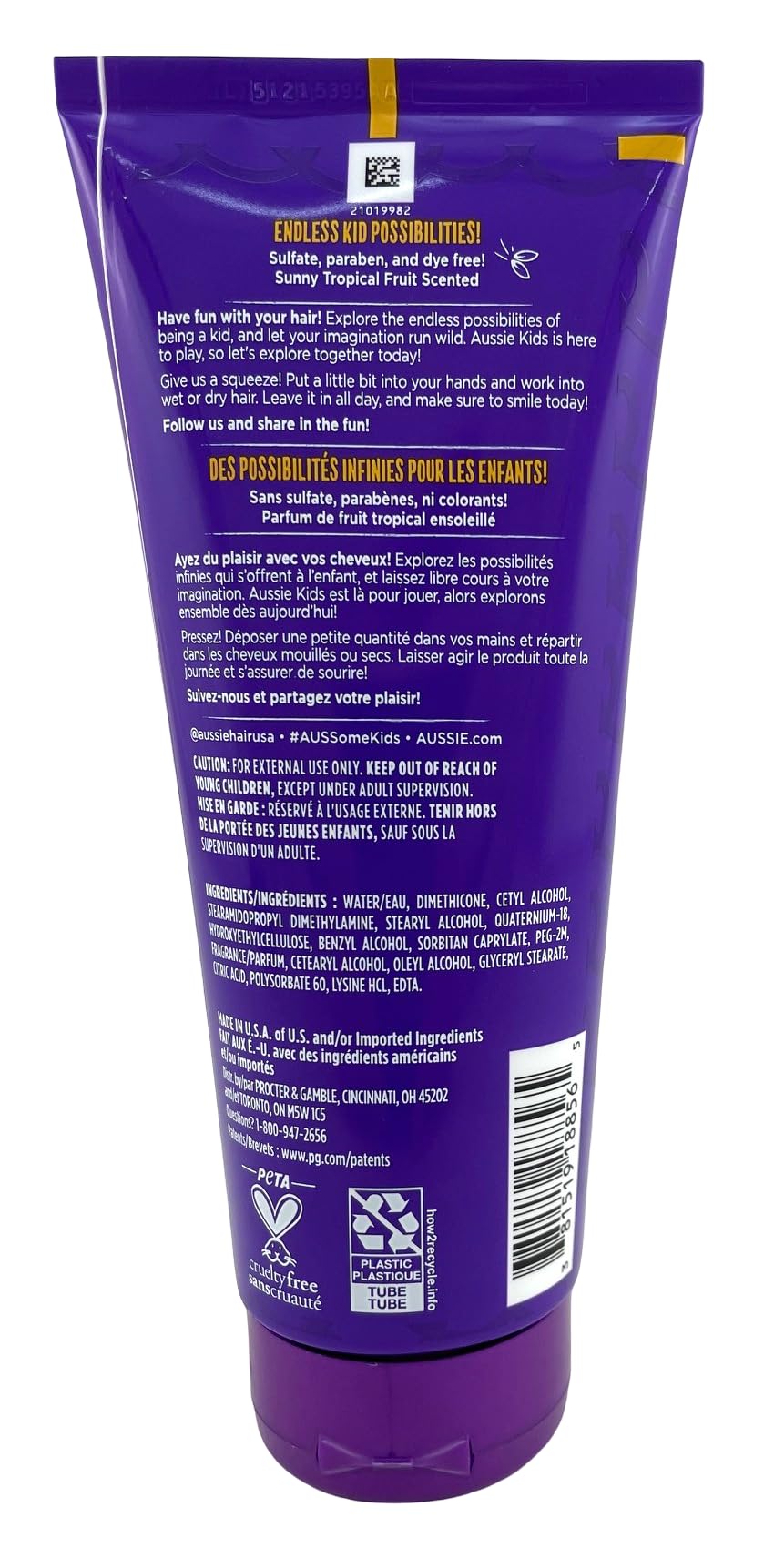 Aussie Kids Leave-In Curly Conditioner bottle highlights shine and curl definition.
