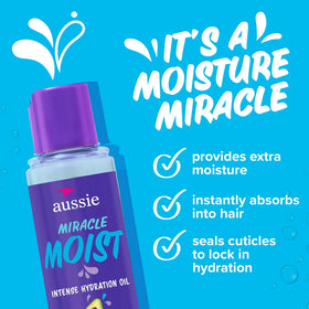 Aussie Miracle Moist oil application on hands shows easy distribution and smooth finish.
