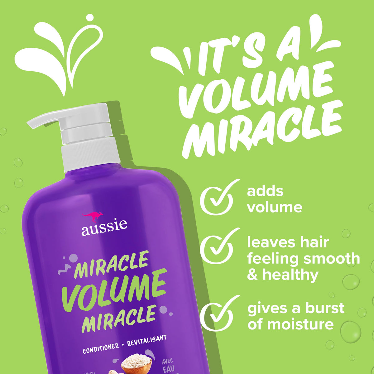 Aussie Miracle Volume Conditioner applied to hair shows smooth, soft strands after washing.