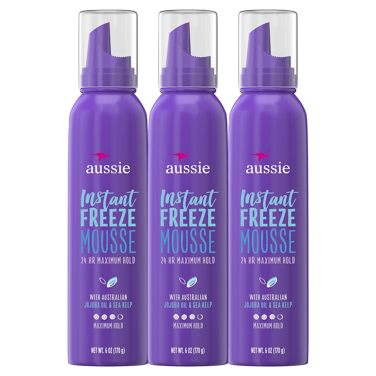 Aussie Mousse Instant Freeze can closeup highlighting instant hold for style.