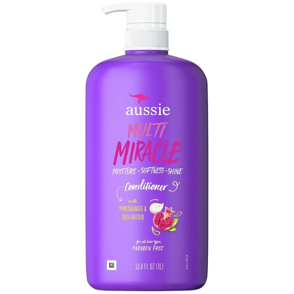 Aussie Multi Miracle Conditioner bottle for hydrated, softer hair with a fruity pomegranate scent