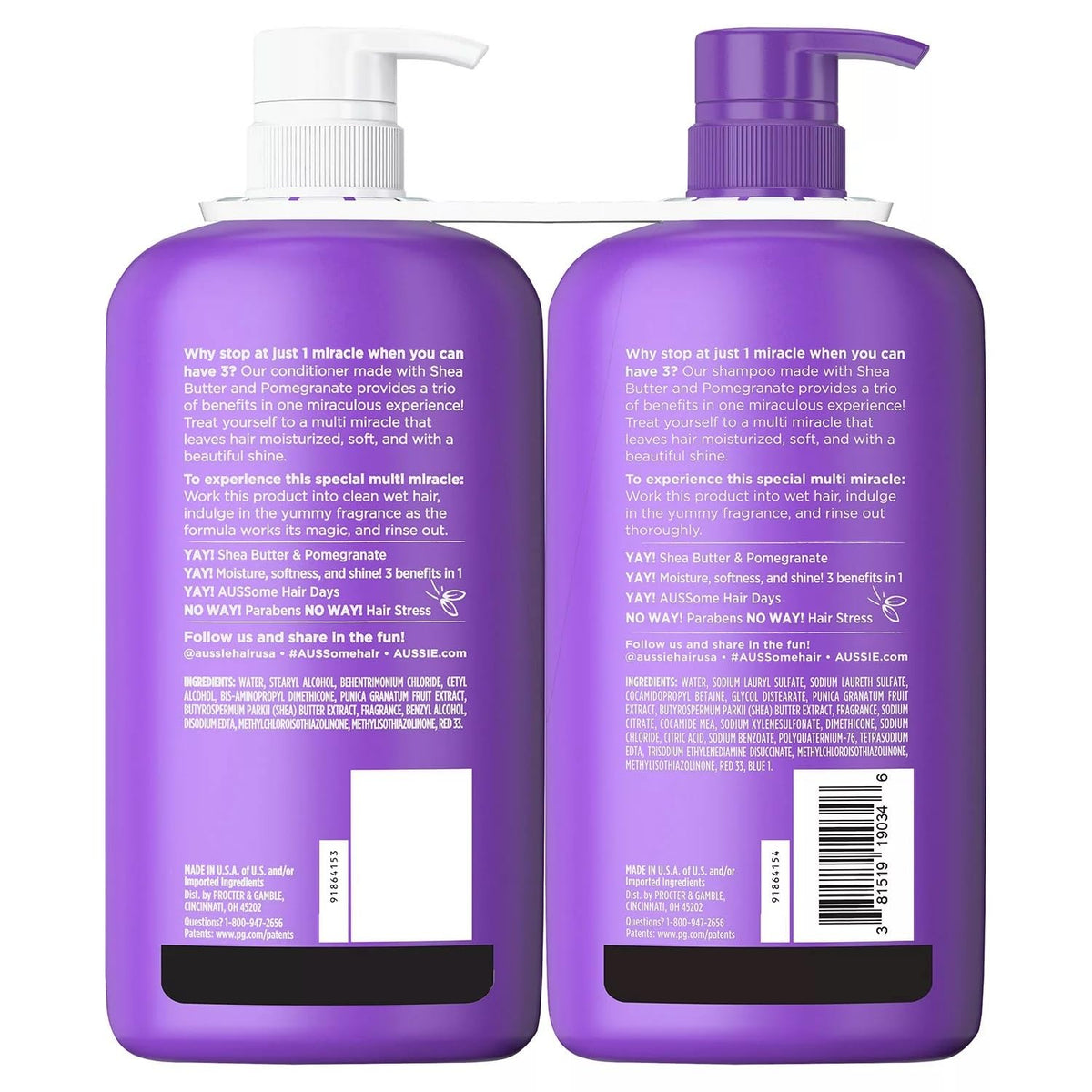 Aussie Multi Miracle Shampoo bottle front shows nourishing formula with pomegranate and shea butter