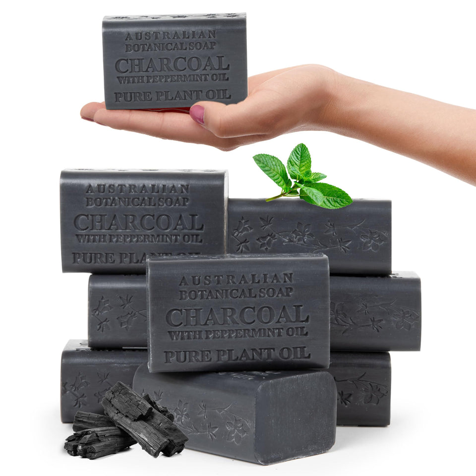 Australian Botanical African Black Soap charcoal swirls closeup for deep cleansing.