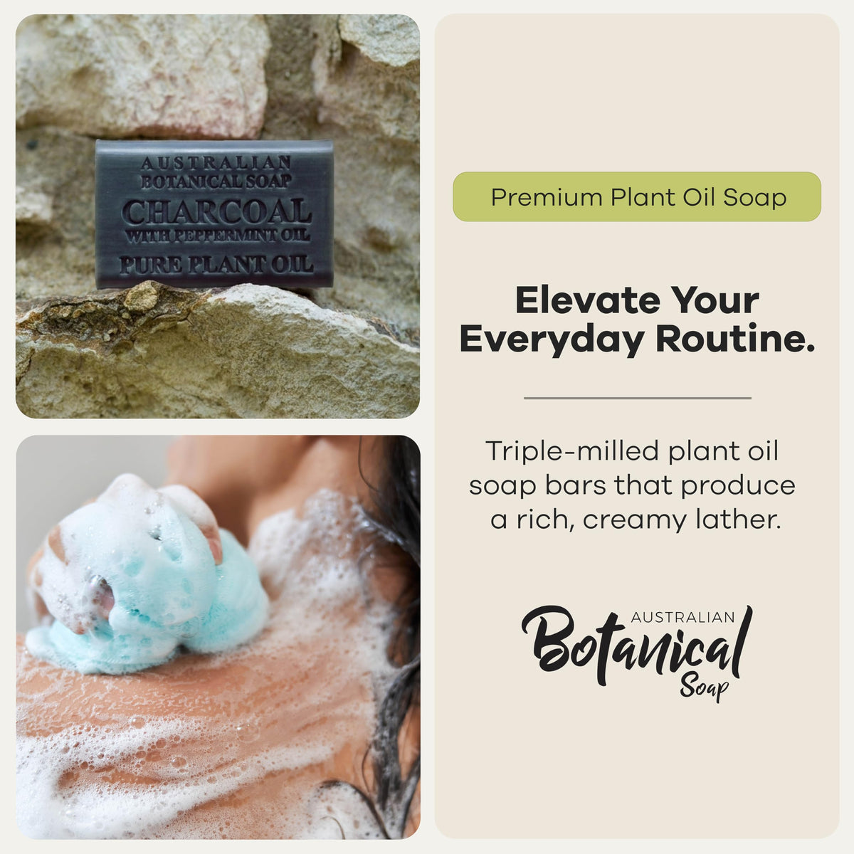 Australian Botanical African Black Soap peppermint oil drops indicate refreshing aroma.