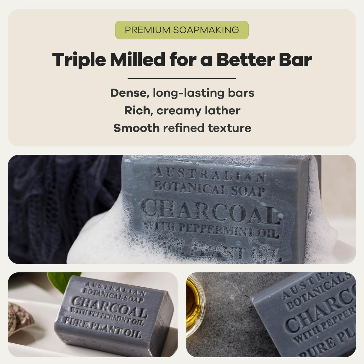 Australian Botanical African Black Soap triple milled bar shows lasting cleansing.