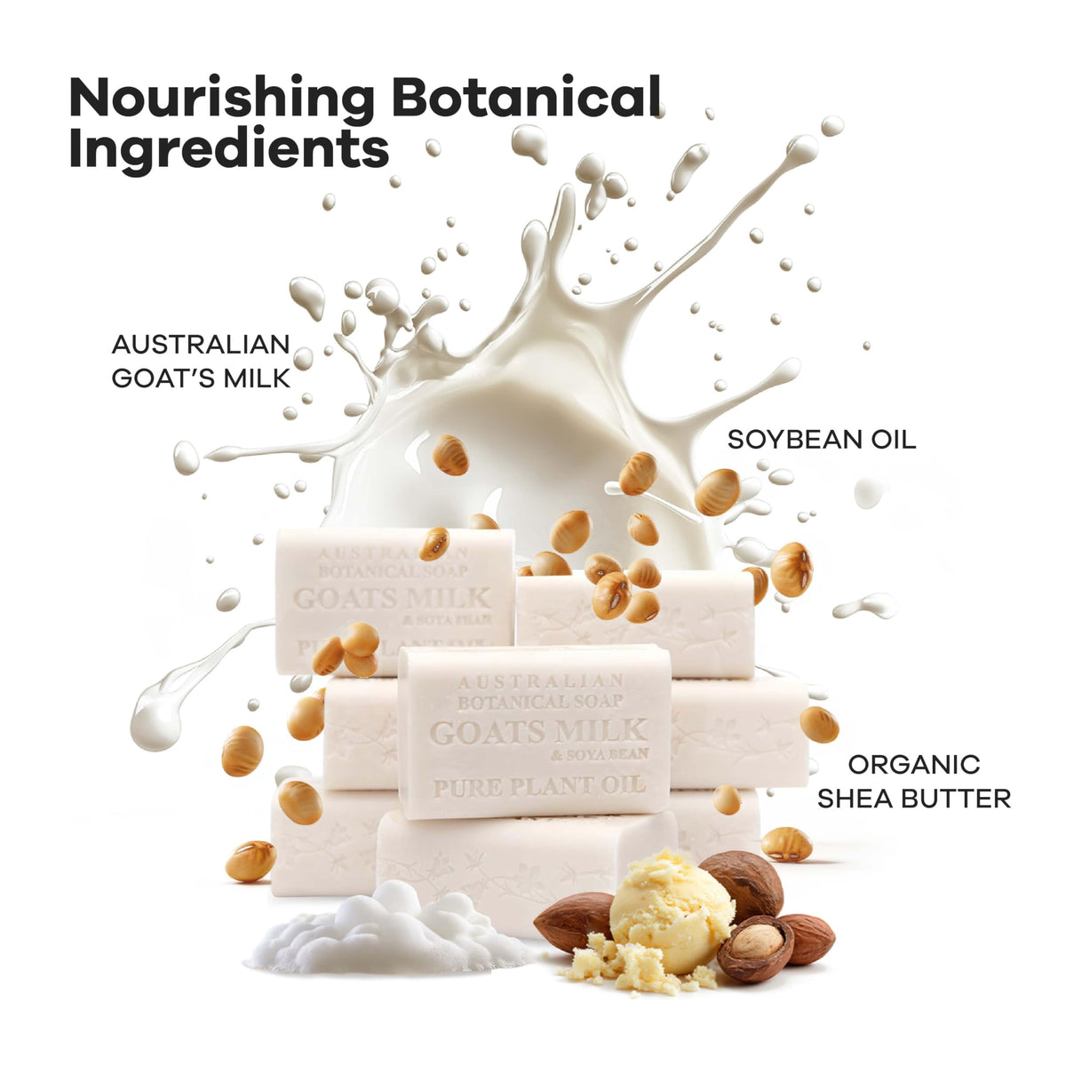 Australian Botanical Goat Milk Soap bars show a long-lasting creamy cleansing experience