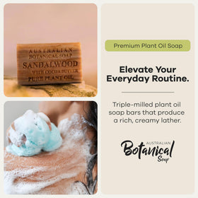 Australian Botanical Soap Eucalyptus with Lemon, Lime, and Petitgrain bar refreshes the skin.