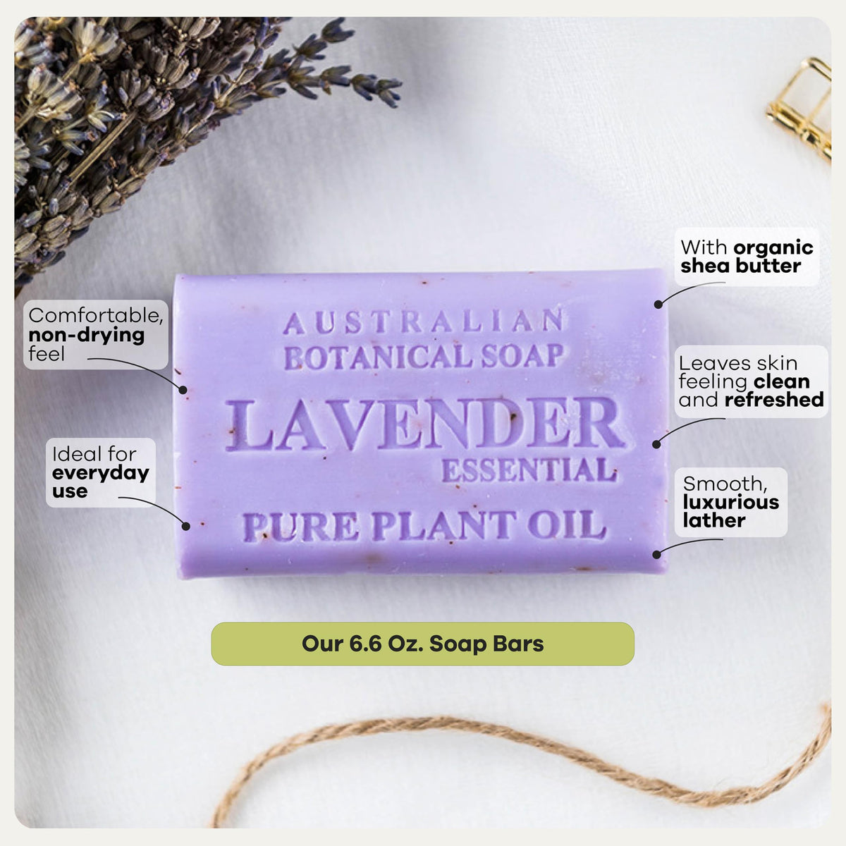 Australian Botanical Soap Lavender Bar ingredients image highlights shea butter and oils.