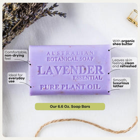 Australian Botanical Soap Lavender Bar ingredients image highlights shea butter and oils.