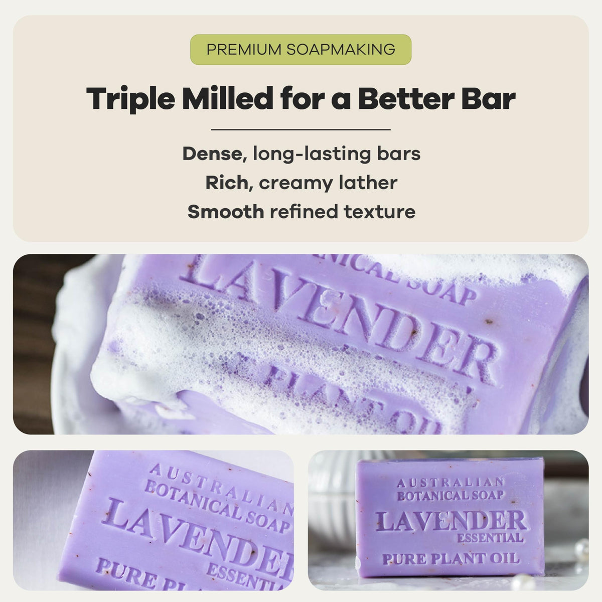 Australian Botanical Soap Lavender Bar lavender flowers close-up evokes calming scent.