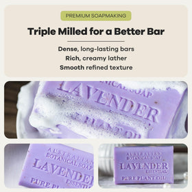 Australian Botanical Soap Lavender Bar lavender flowers close-up evokes calming scent.