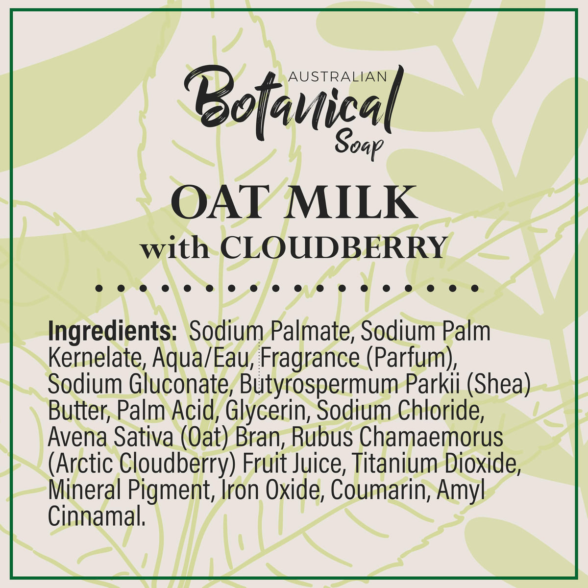 Australian Botanical Soap Oat Milk with Cloudberry bar closeup shows oats texture for gentle cleansing.