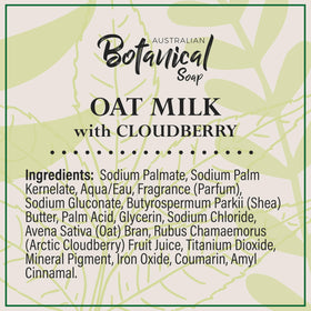 Australian Botanical Soap Oat Milk with Cloudberry bar closeup shows oats texture for gentle cleansing.