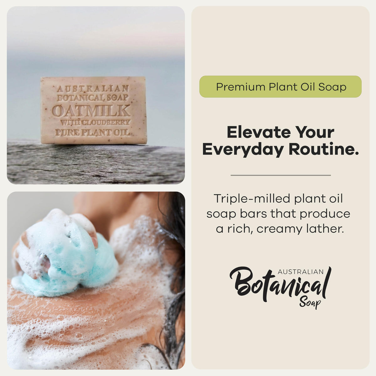 Australian Botanical Soap Oat Milk with Cloudberry bar close-up texture reveals creamy oats.