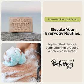 Australian Botanical Soap Oat Milk with Cloudberry bar close-up texture reveals creamy oats.