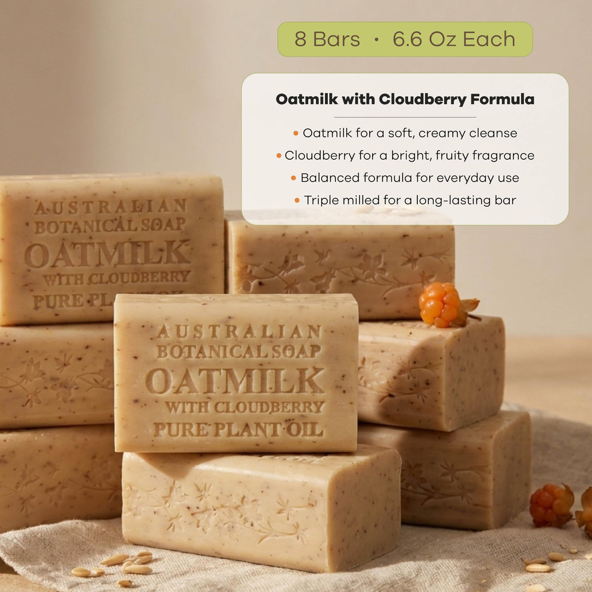 Australian Botanical Soap Oat Milk with Cloudberry bar ingredients panel highlights shea butter and oat milk.