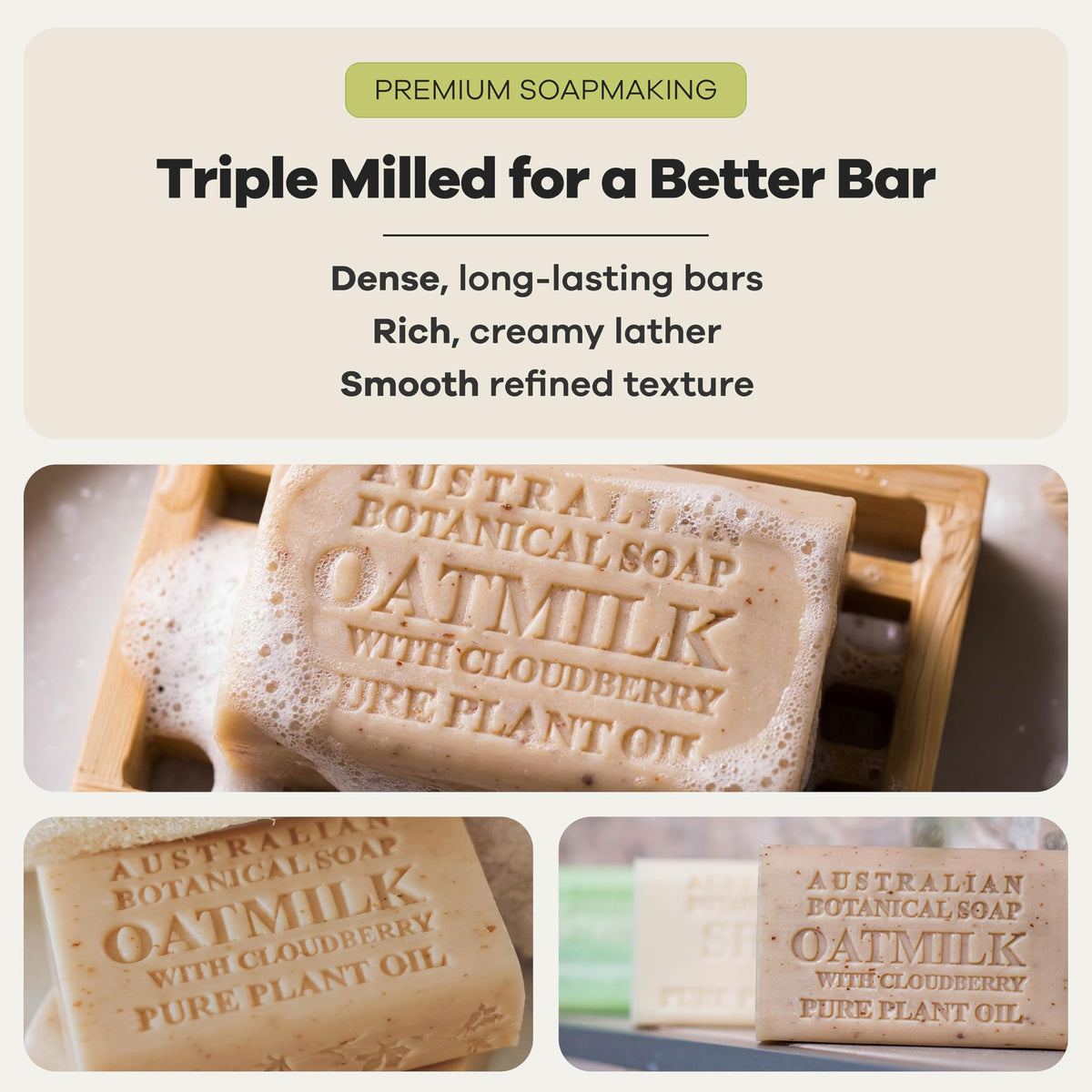 Australian Botanical Soap Oat Milk with Cloudberry bar lather close-up shows rich, creamy foam.