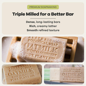 Australian Botanical Soap Oat Milk with Cloudberry bar lather close-up shows rich, creamy foam.