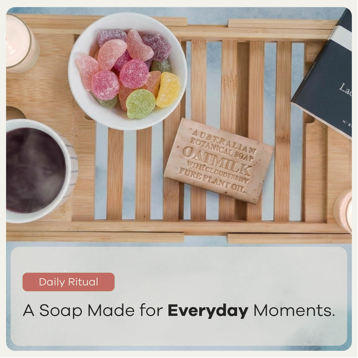 Australian Botanical Soap Oat Milk with Cloudberry bar sustainability symbols highlight plant-based oils.