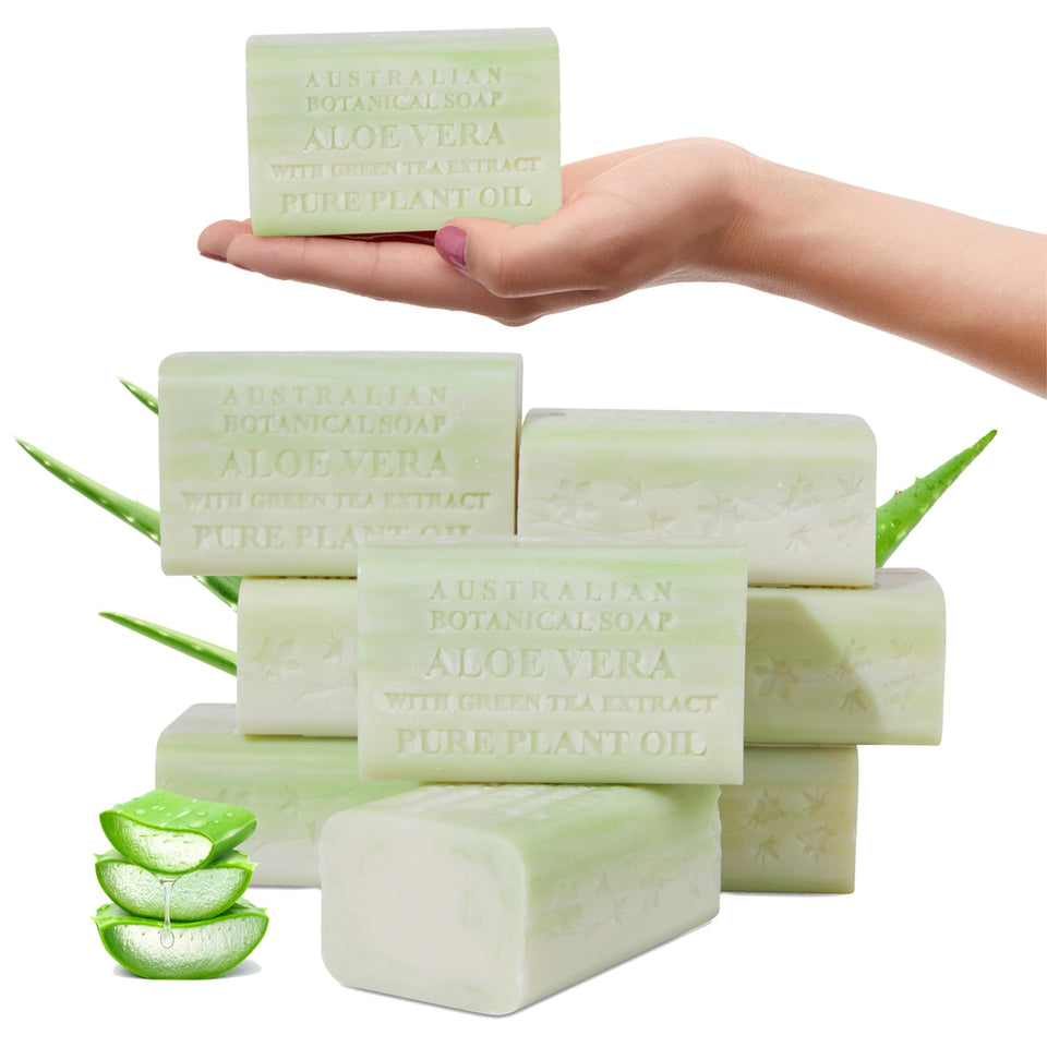 Australian Botanical Soap pack of 8 Aloe Vera and Green Tea bars for long-lasting cleansing.