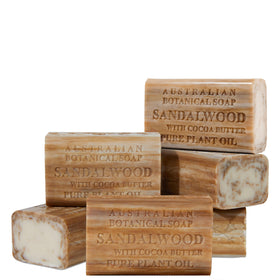 Australian Botanical Soap sandalwood cocoa butter bar close-up shows rich lather for daily cleansing.