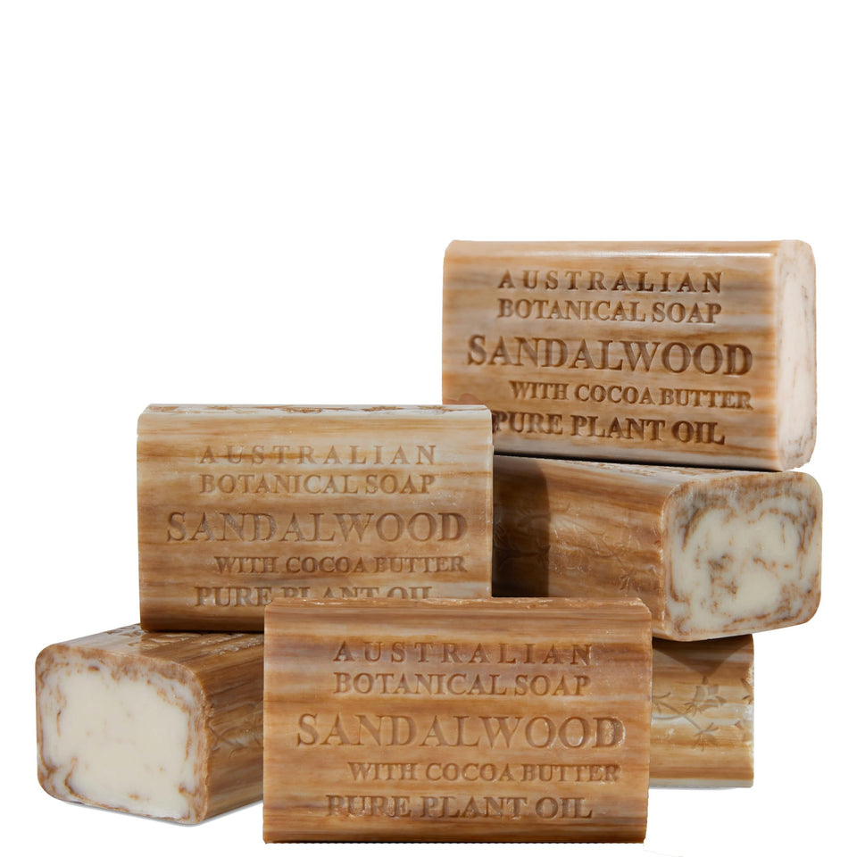 Australian Botanical Soap sandalwood cocoa butter bar close-up shows rich lather for daily cleansing.