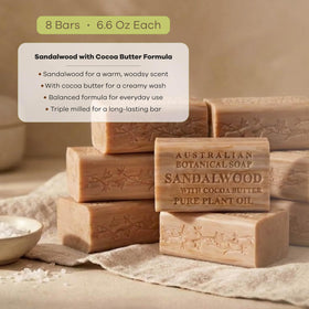 Sandalwood cocoa butter bar cut view – creamy interior with nourishing texture.