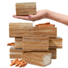 Australian Botanical Soap sandalwood cocoa butter bar exterior – durable, long-lasting daily-use bar.