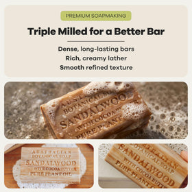 Australian Botanical Soap sandalwood cocoa butter bar held in hand for versatile face and body cleansing.