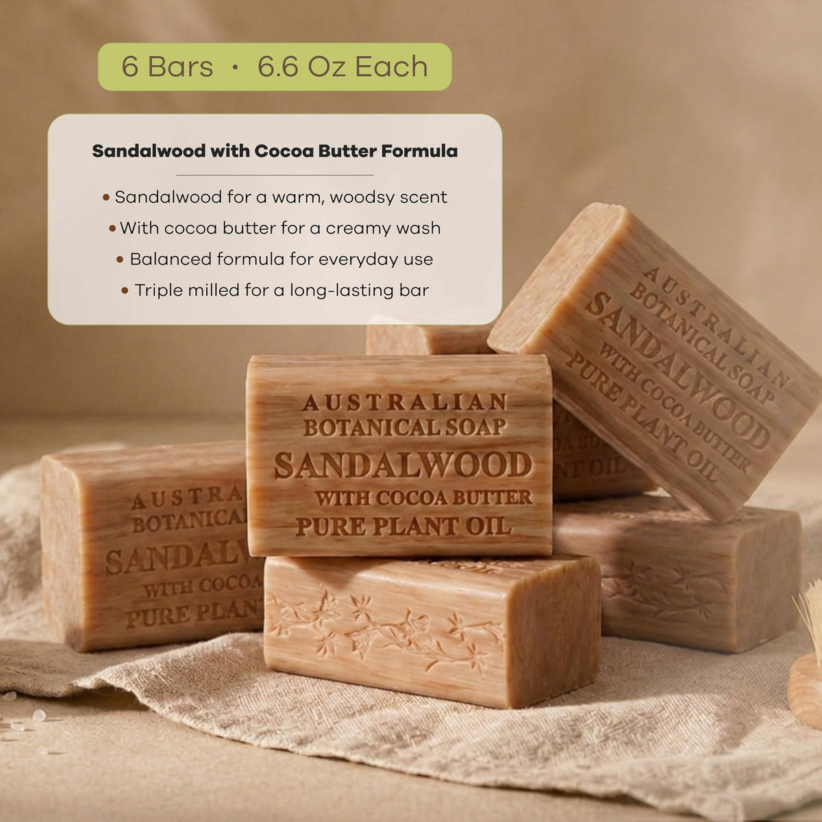 Australian Botanical Soap sandalwood cocoa butter bar lathering during shower for soothing cleanse.