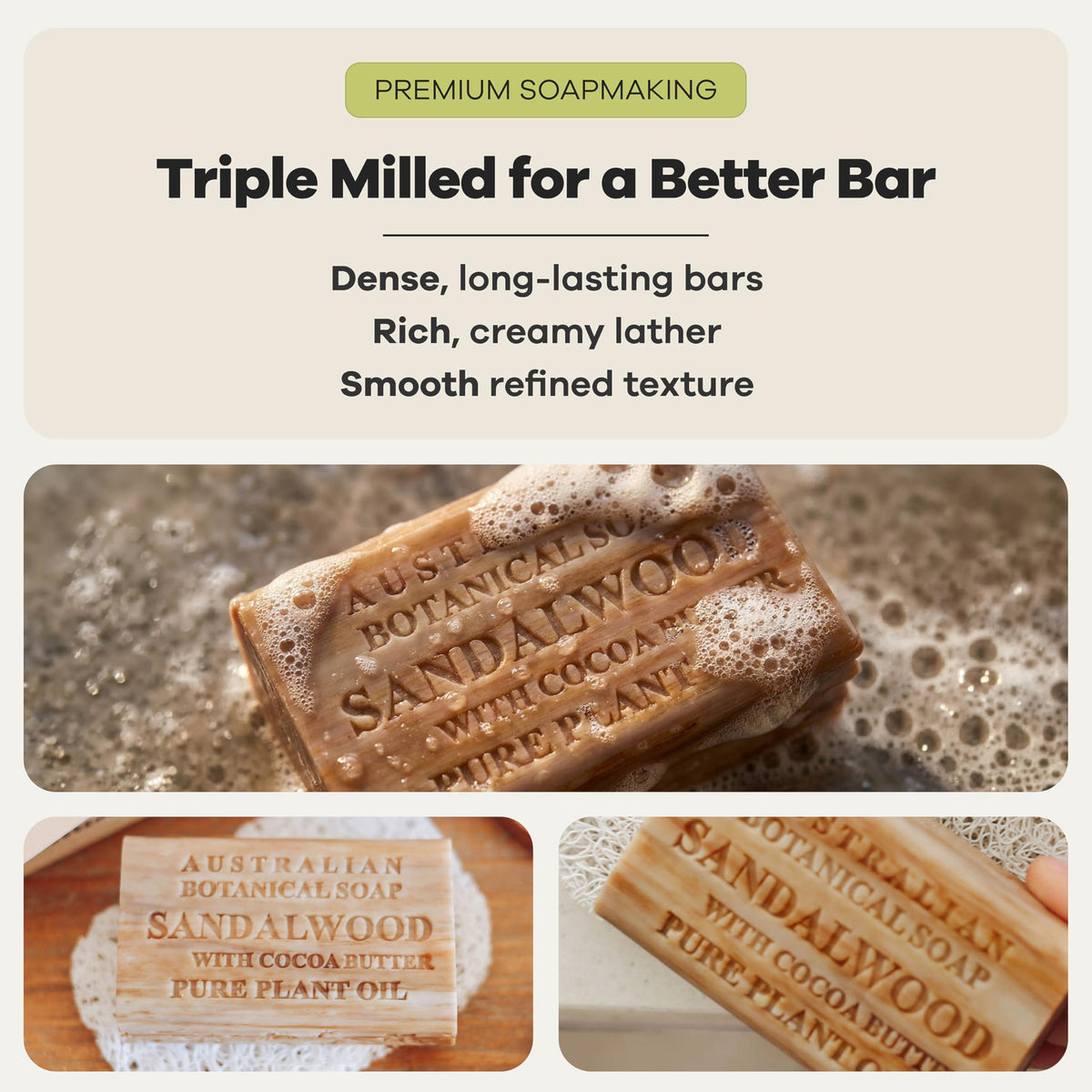 Packaging of Australian Botanical Soap sandalwood cocoa butter bar – cruelty-free, natural ingredients.