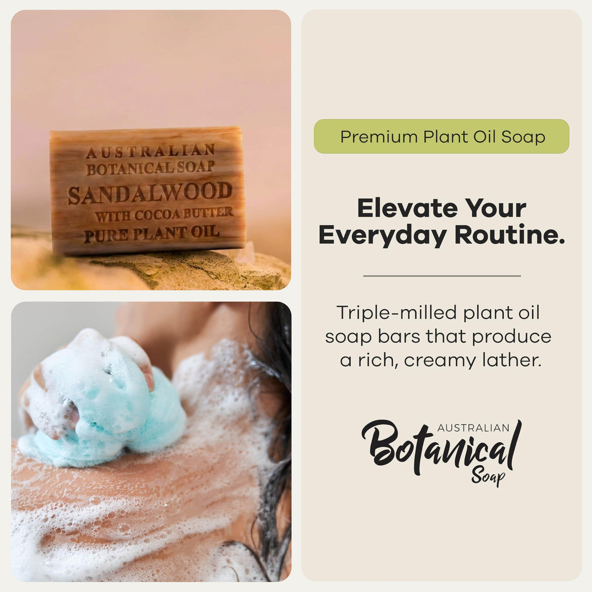 Australian Botanical Soap sandalwood cocoa butter pack of 6 sits on vanity for easy refills.