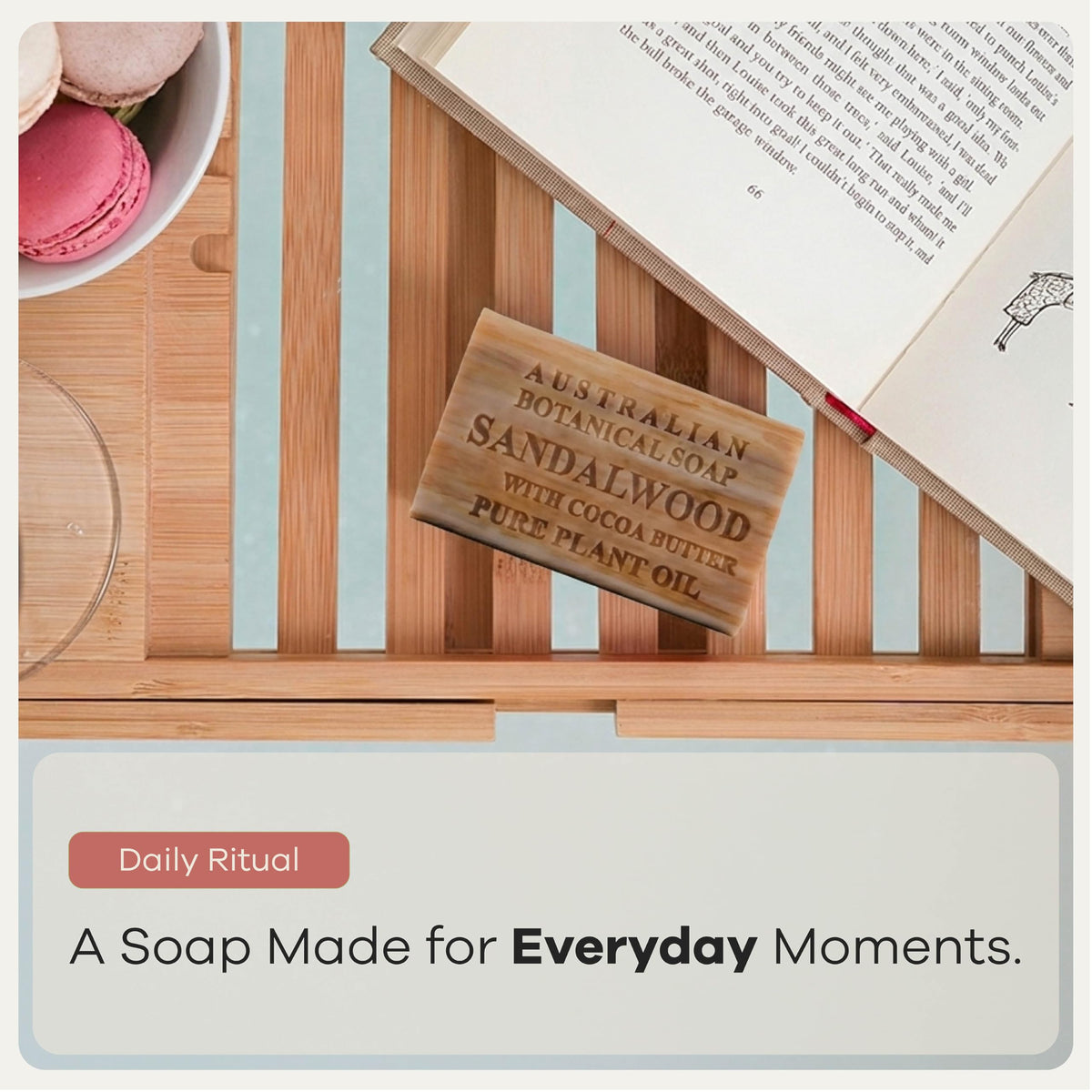 Australian Botanical Soap sandalwood cocoa butter packaging displayed on a kitchen counter.