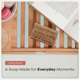 Australian Botanical Soap sandalwood cocoa butter packaging displayed on a kitchen counter.