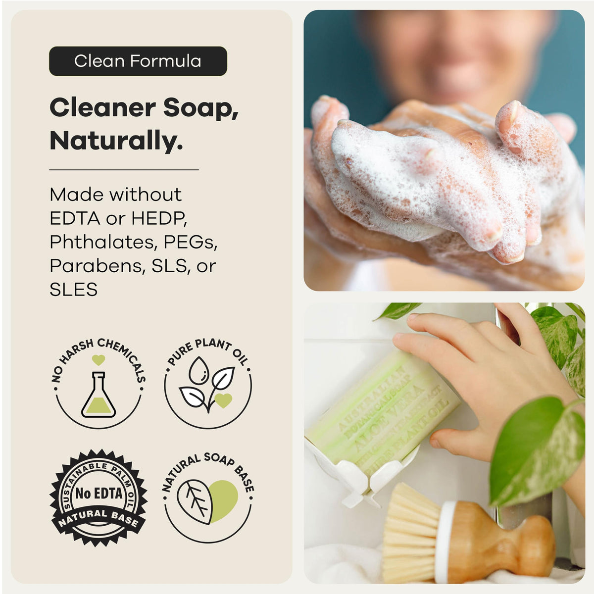 Shea butter richness in Australian Botanical Soap enhances conditioning during wash.