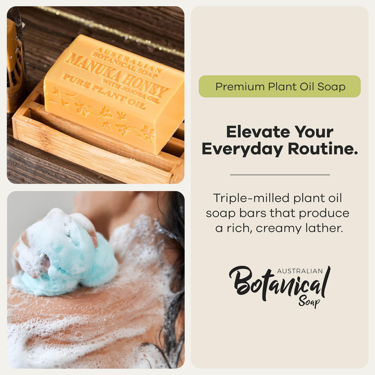 Triple-milled dense bar from Australian Botanical Soap delivering lasting lather.