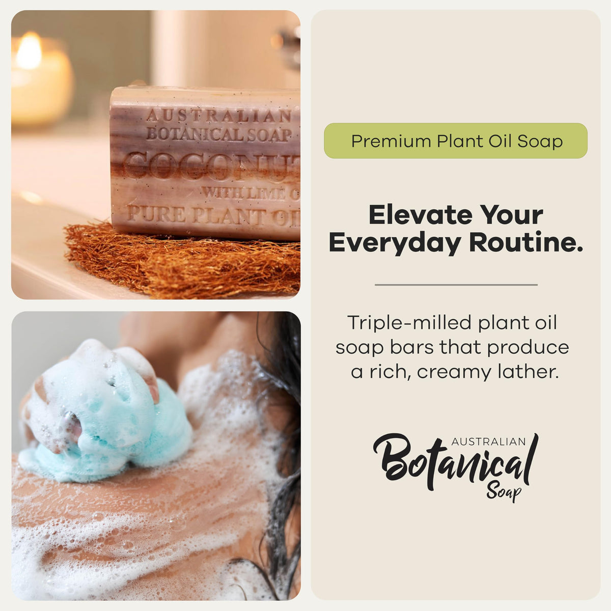 Australian Botanical Soap triple-milled-bar: dense, long-lasting solid cleansing bar.