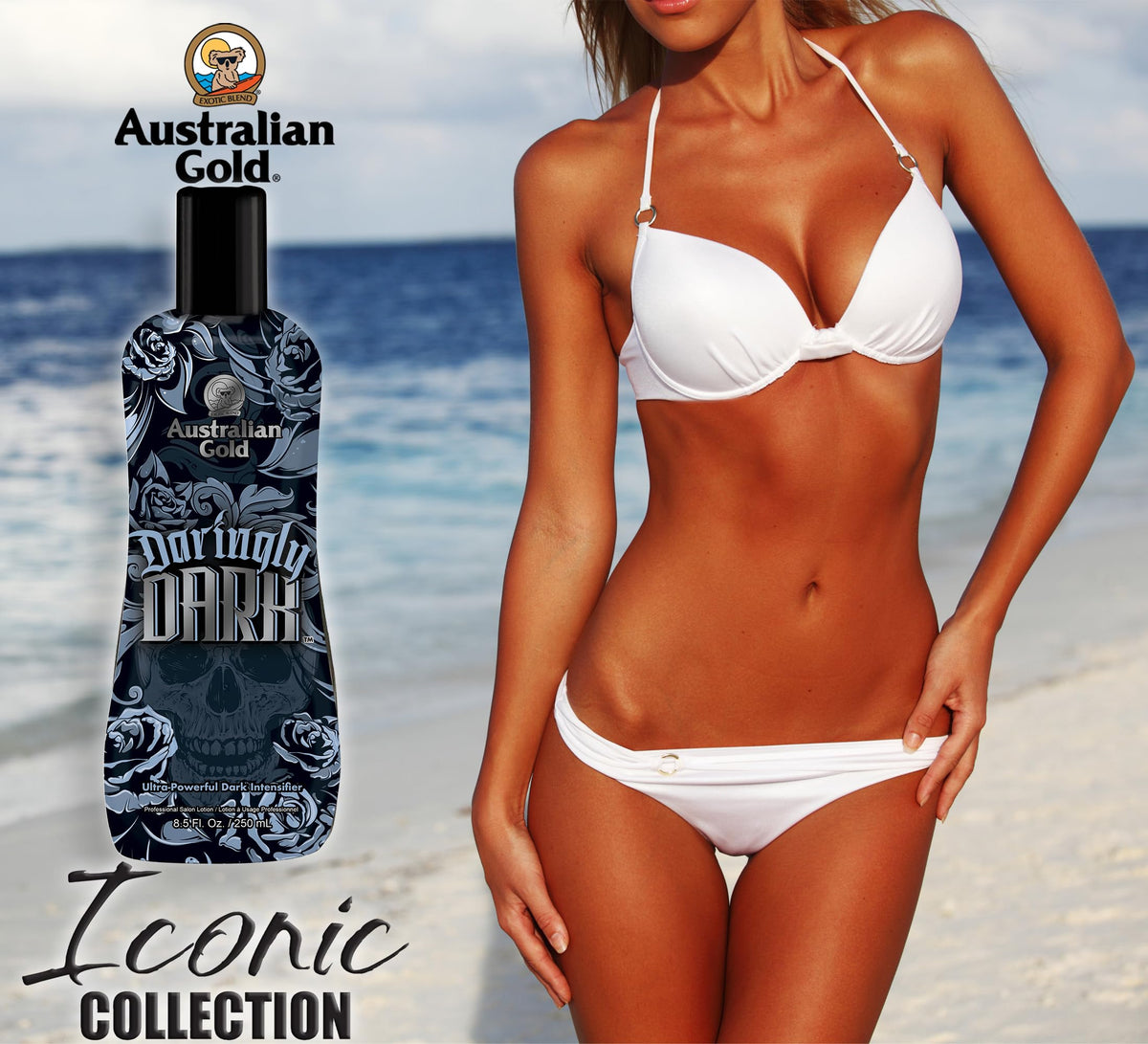 Australian Gold Daringly Dark Intensifier fruity coconut fragrance enhances the tanning experience