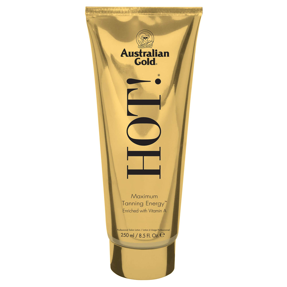 Australian Gold Hot! Tanning Lotion packaging emphasizing youthful-looking skin support.
