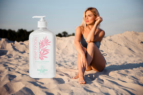 Australian Gold Hemp Nation display, highlighting paraben- and dye-free formula.