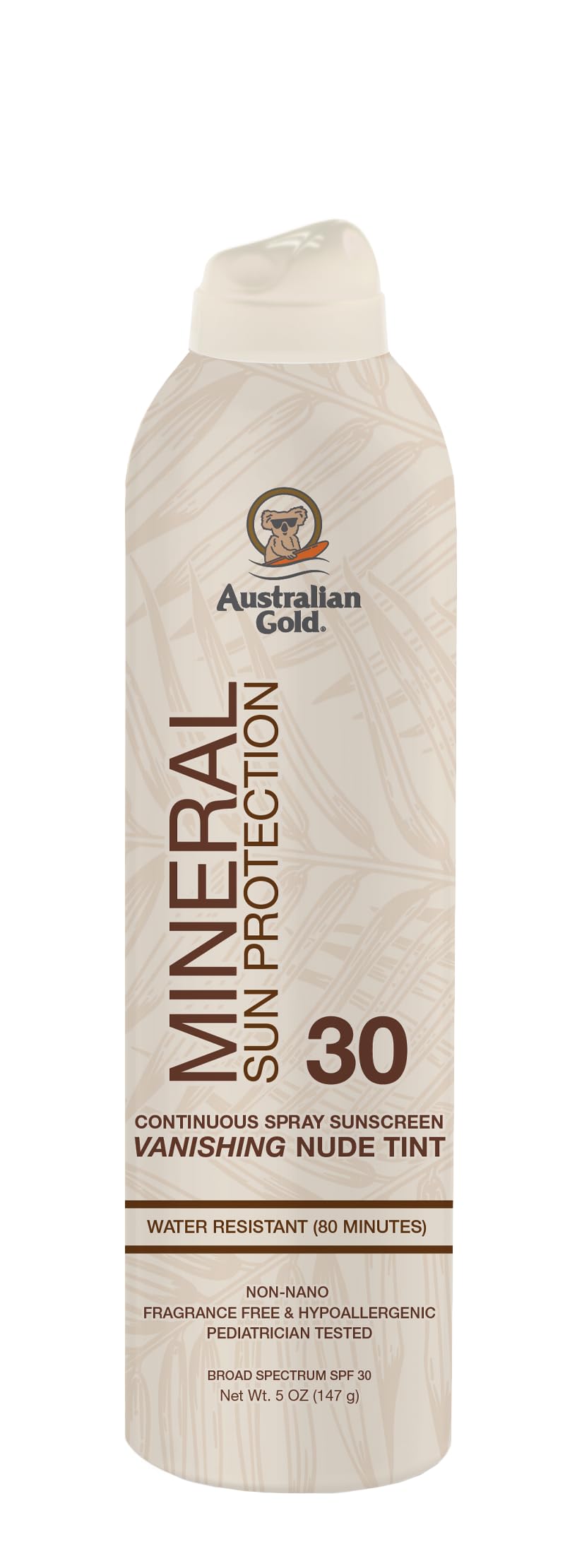 Australian Gold Mineral SPF 30 tinted sunscreen spray bottle showing easy continuous application